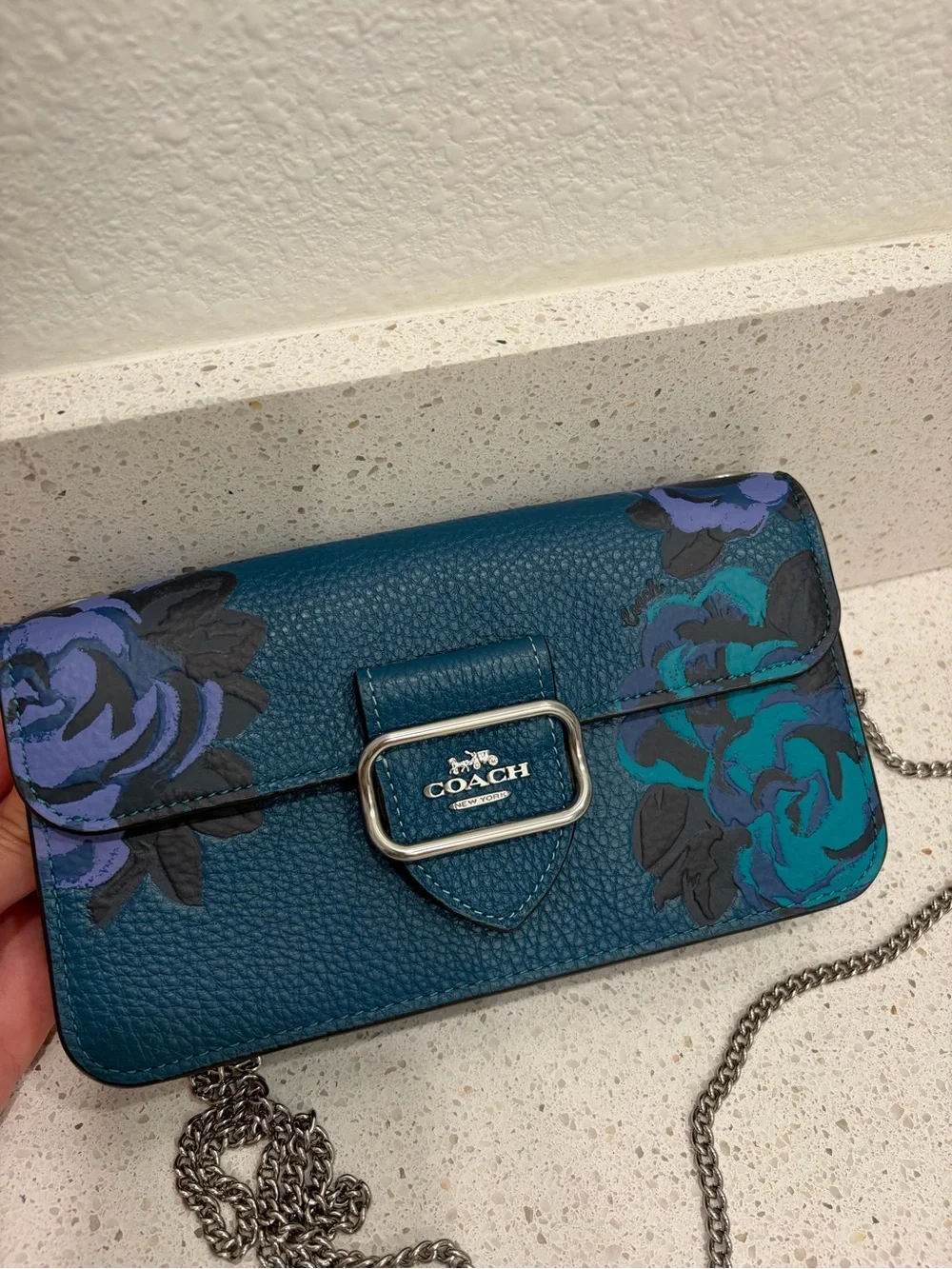 COACH Morgan Crossbody Jumbo Floral  Leather X-body Deep Turquoise Multi CE667